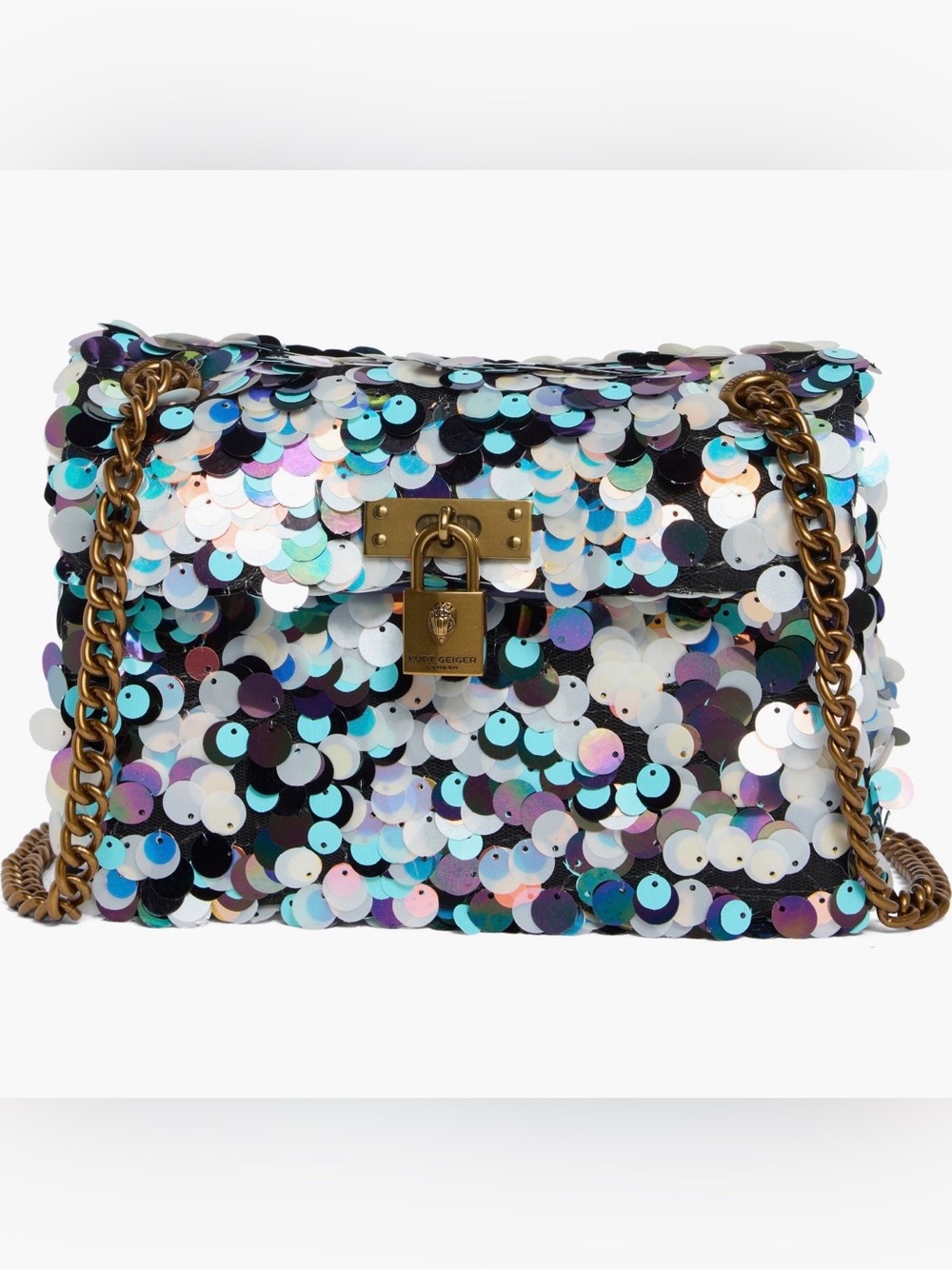 Kurt Geiger Iridescent Multicolor Sequin Shoulder or Crossbody Bag Gold Hardware